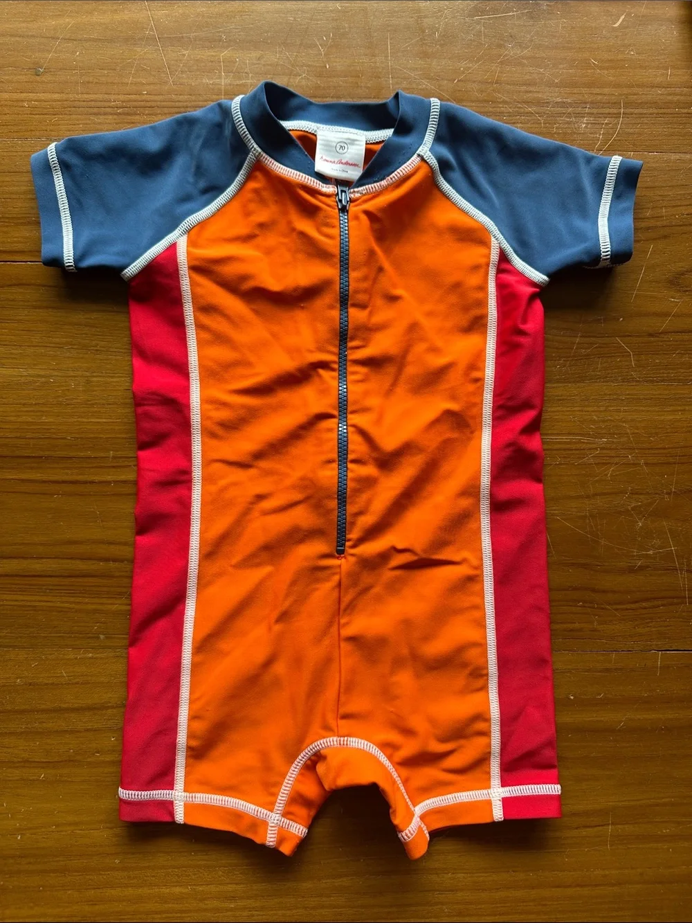 Kids Short-Sleeve Rash Guard Swimsuit - Orange, Red & Navy